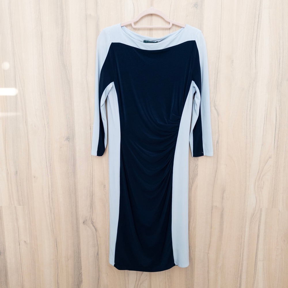 Lauren Ralph Lauren Colorblock Ruched Bodycon Dress Size 10 Blue Quiet Luxury
